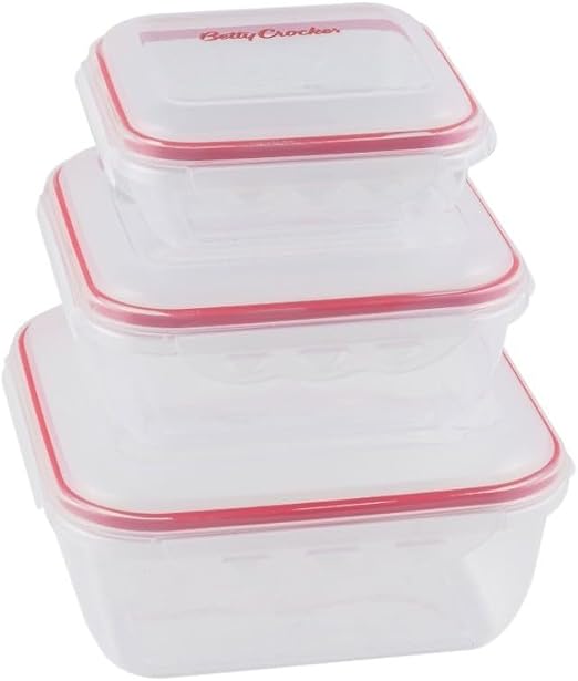Betty Crocker 3 Piece Square Storage Container Set,Transparent & Red, 650/1500/2800Ml