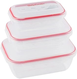 Betty Crocker 3 Piece Rectangular Storage Container Set,Transparent & Red, 580/1300/2500Ml