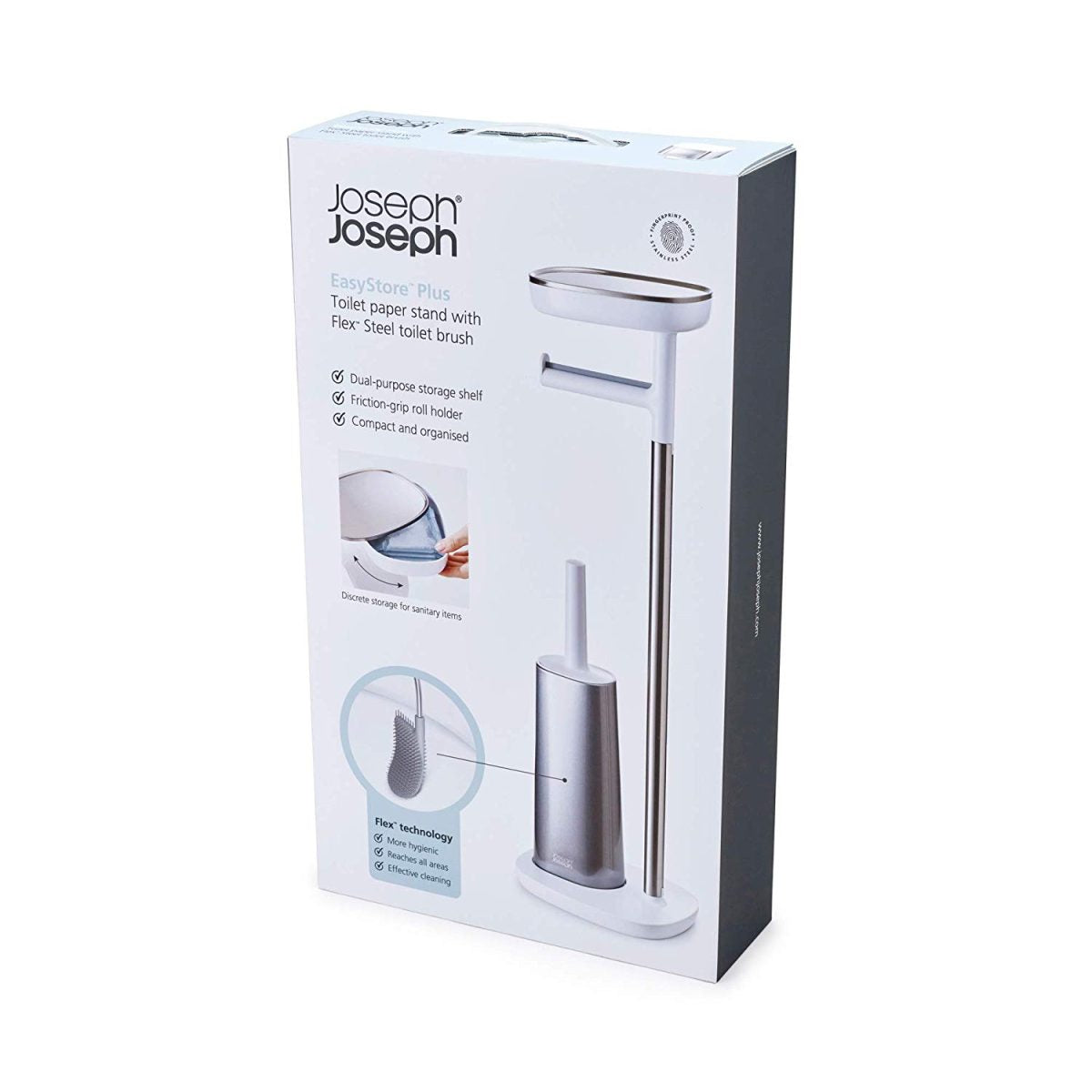 Joseph Joseph EasyStore Butler Toilet Paper Holder Stand and Flex Toilet Brush with Shelf and Drawer, Stainless Steel