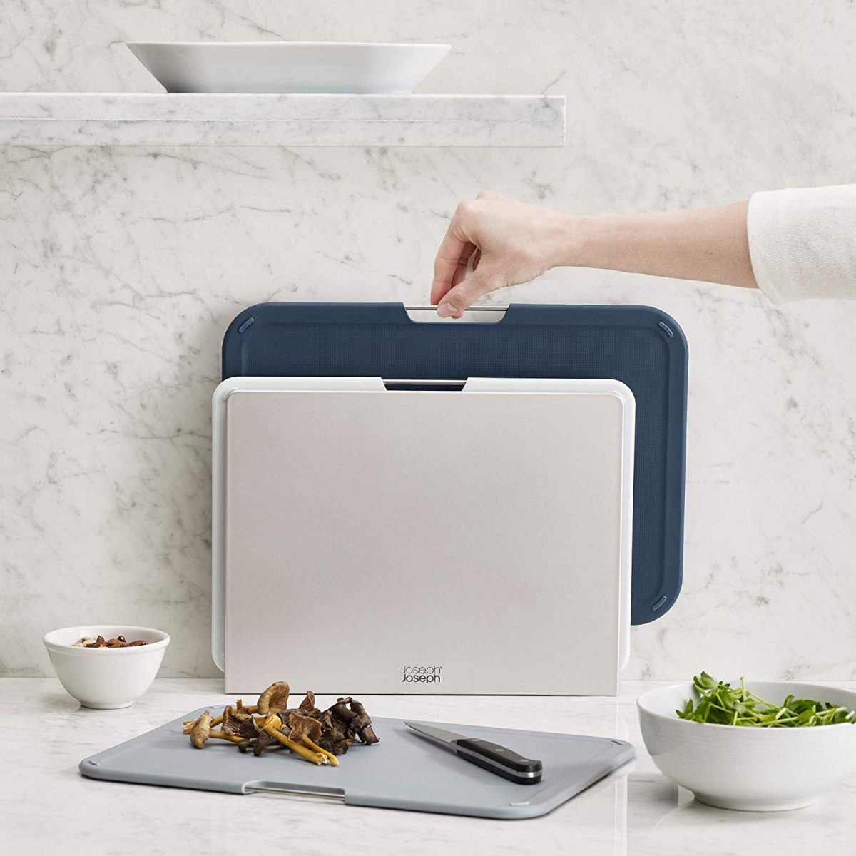 Joseph Joseph Nest Plastic Cutting Set with Storage Stand 3 Different Sized Boards, Large, Gray