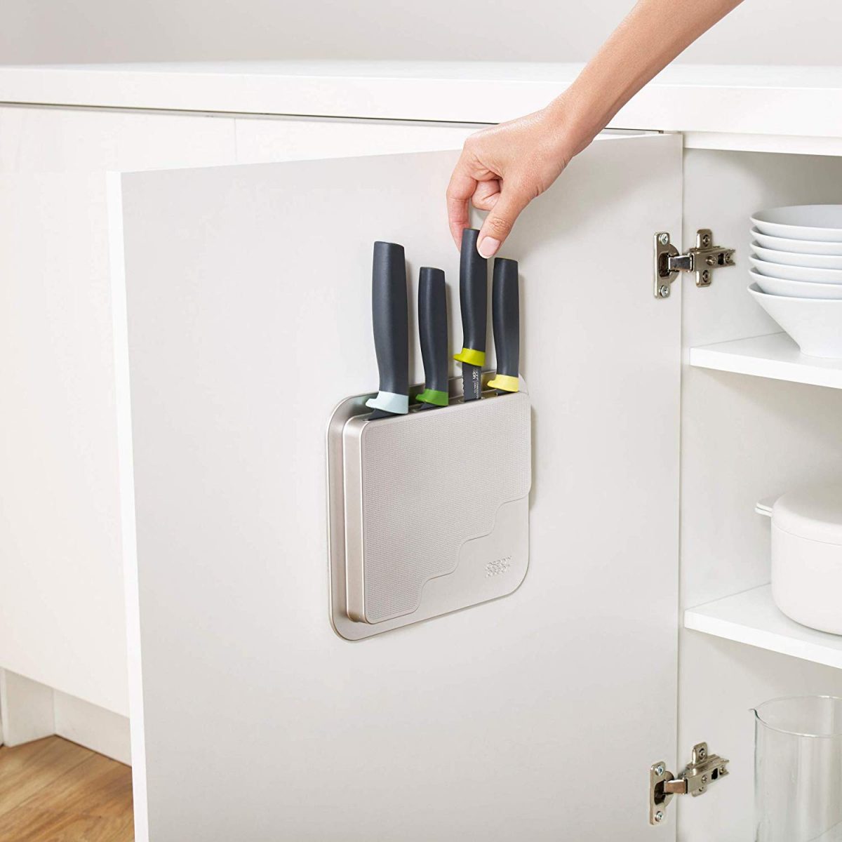 Joseph Joseph DoorStore Knives Elevate Set with Knife Block 3M Adhesive Wall and Cabinet Door Mount, 5-piece, Opal