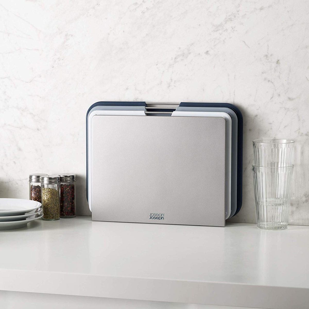 Joseph Joseph Nest Plastic Cutting Set with Storage Stand 3 Different Sized Boards, Large, Gray