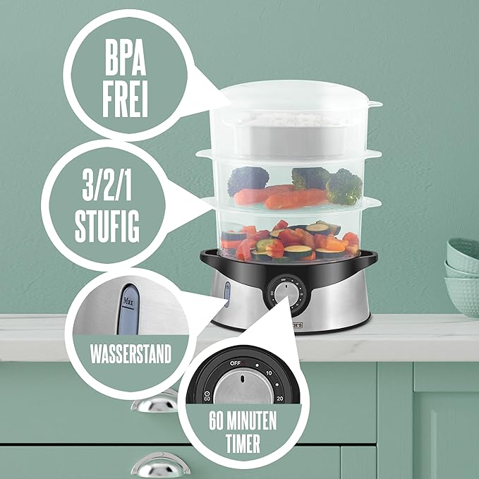 Heinrich's Steam cooker 3-Layer (800 W) 9L Stainless Steel – BPA-Free – HDA 8501