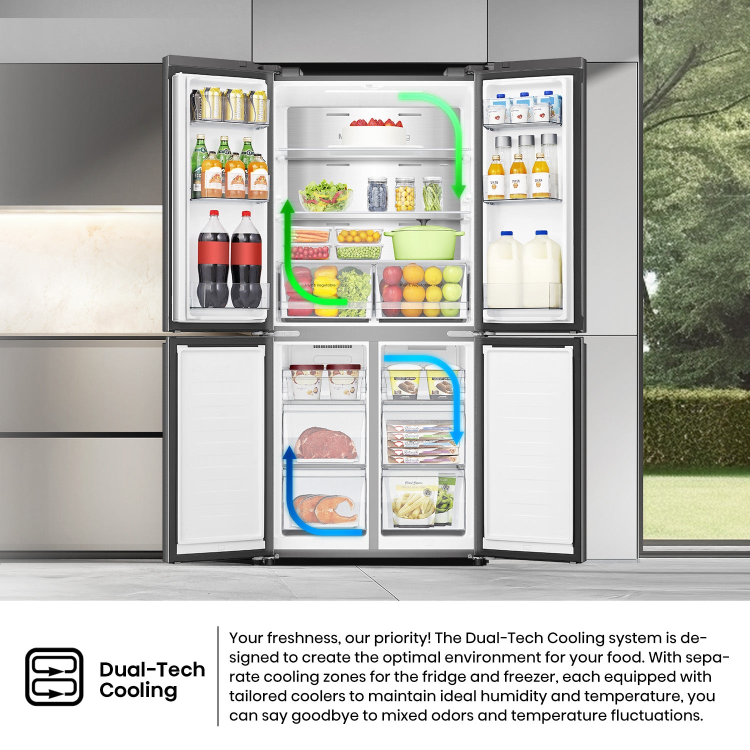 Hisense RQ5G470SBB3 – Cross Door American 457L Freezer Fridge, My Fresh Choice, Dual-Tech Cooling, Bottom Cooling System, Black Glass, 1 Year Full & 5 Years Compressor Warranty