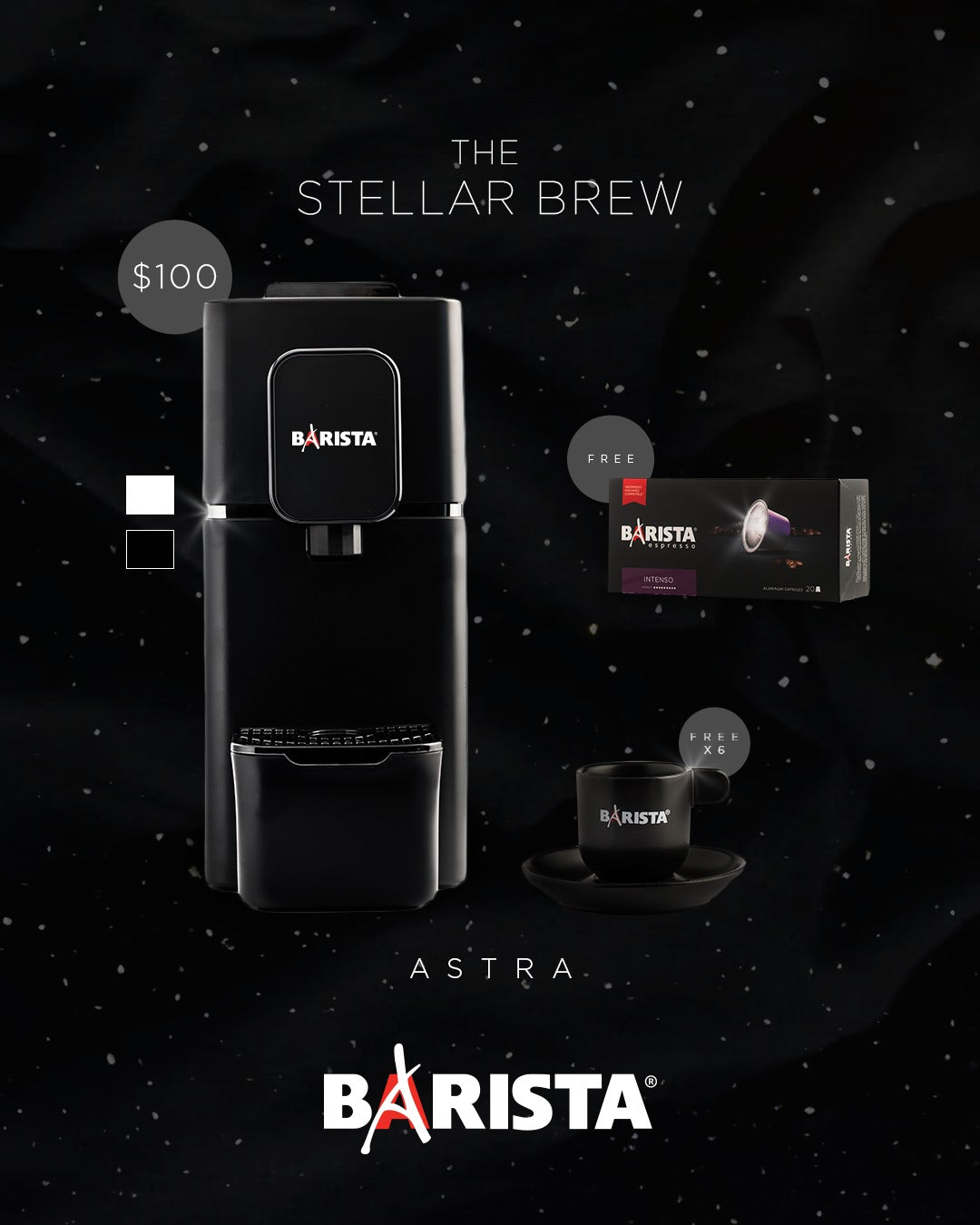 Barista Astra Capsule Machine plus 1 box of 20 Intenso Capsules along with 6 Black Edition Espresso Cups.