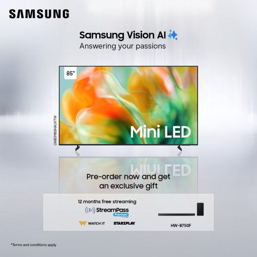 Samsung UA85M80HAUXTW 85″ Mini LED M80H 4K Samsung Vision AI Smart TV (2026) + Free Samsung Soundbar HW-B750F + 12 Months StarzPlay Subscription+ 12 Months WatchIt Subscription. – PREORDER