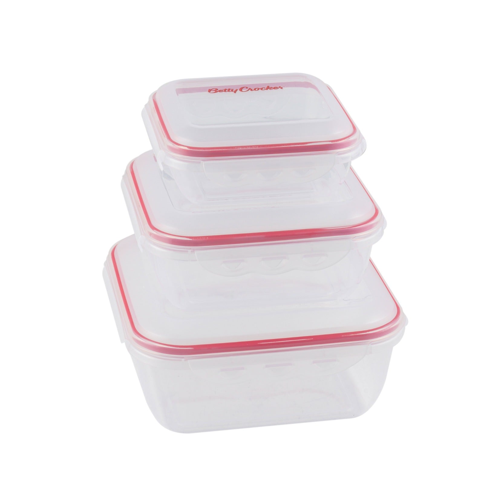 Betty Crocker 3 Piece Square Storage Container Set,Transparent & Red, 650/1500/2800Ml