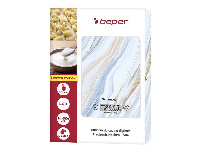 Beper Digital Kitchen Scale, Tempered Glass Top, Kitchen Scales With Lcd Display And Touch Buttons, Tare Function, Maximum Capacity 5Kg, Automatic Shut-Off, Marble Pattern, P102BIL001