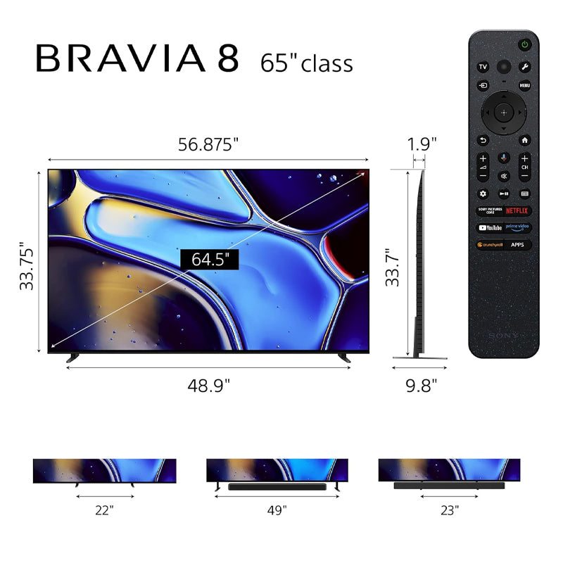 Sony 65 Inch OLED 4K Ultra HD TV BRAVIA 8 Smart Google TV with Dolby Vision HDR and Exclusive Features for PlayStation 5 (K-65XR80), 2024 Model