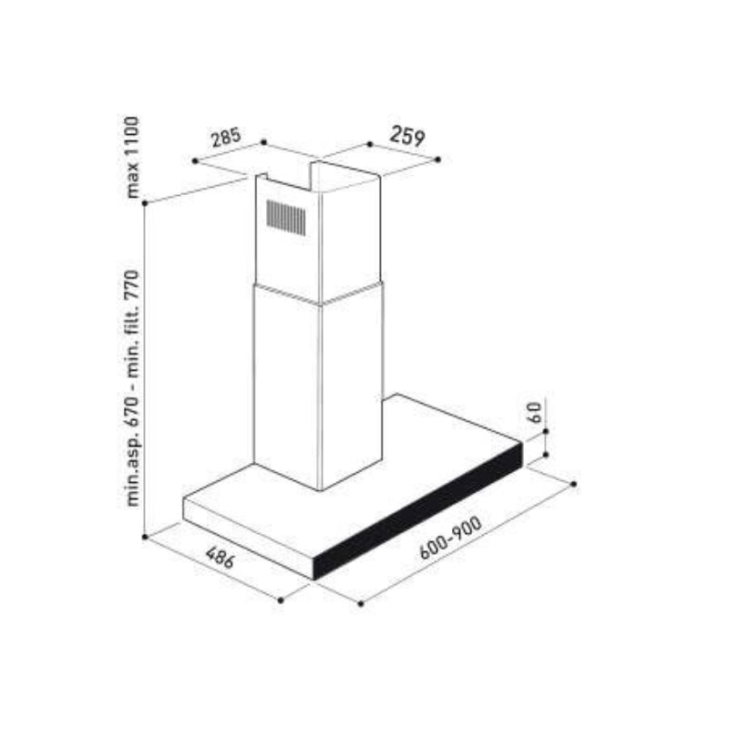 Flora FLWH13-LE75-60X Cooker Hood T-shape Stainless steel with Black Glass Fontal.