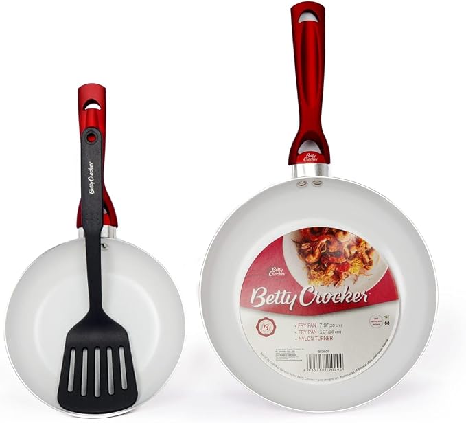 Betty Crocker Non-Stick Carbon Steel Fry Pan 2-Piece Set, 26/20 cm Size, Red/White