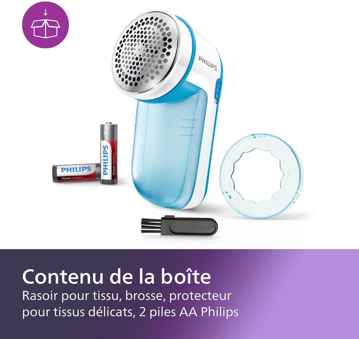 Philips Fabric Shaver, Removes Fabric Pills, Suitable for All Garments, Large Blade Surface, Cleaning Brush, Includes Batteries, Blue (GC026/00)