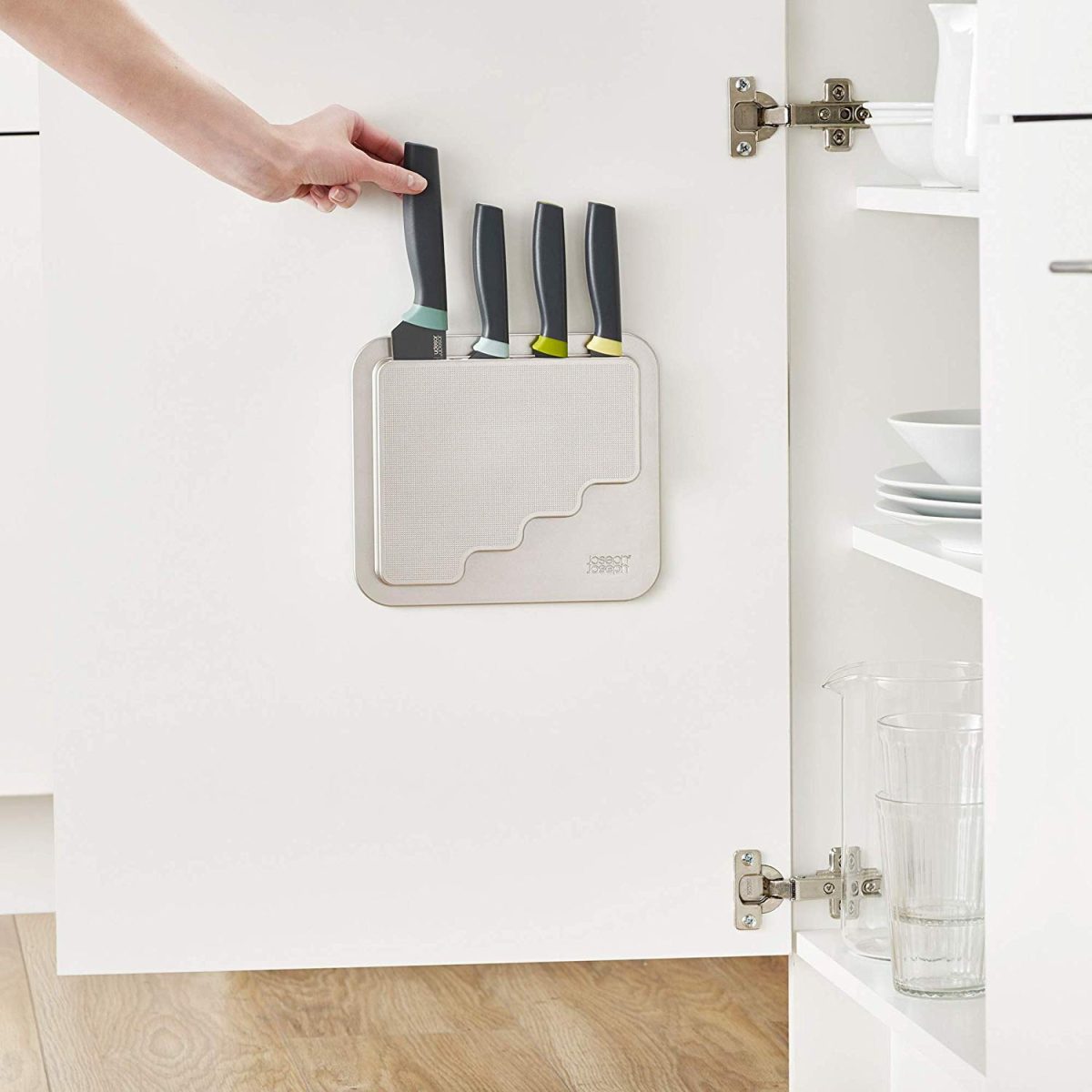 Joseph Joseph DoorStore Knives Elevate Set with Knife Block 3M Adhesive Wall and Cabinet Door Mount, 5-piece, Opal