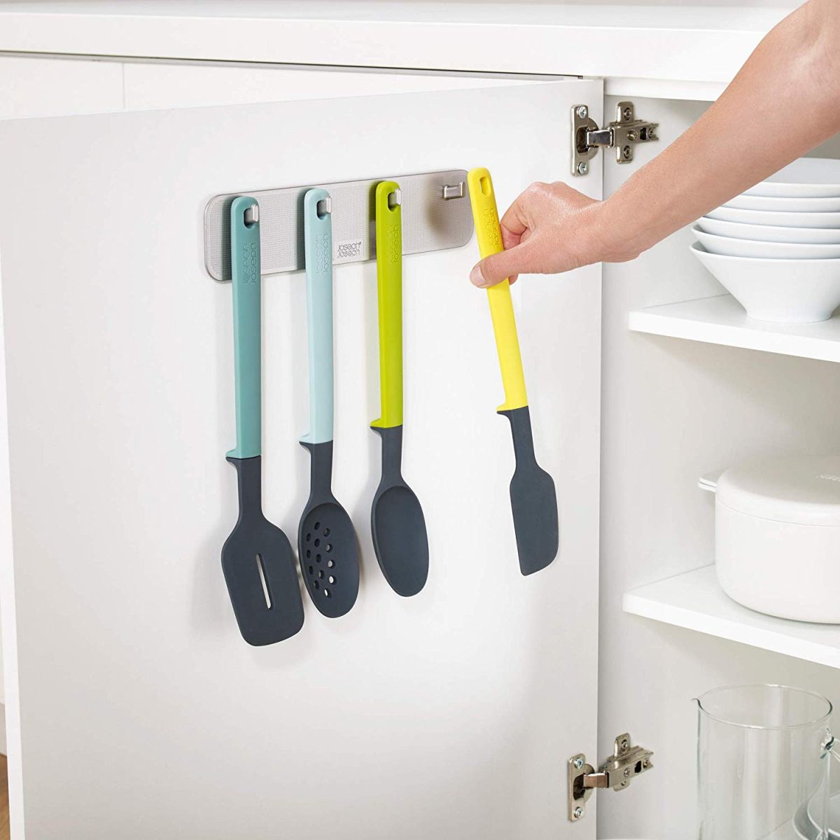 Joseph Joseph DoorStore Elevate Silicone Kitchen Utensil Set with Hanging Rack 3M Adhesive Wall and Cabinet Door Mount, 4-piece, Opal
