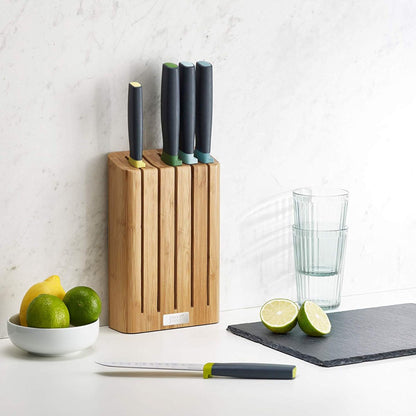 Joseph Joseph Elevate Knife Set with Slimline Bamboo Block Japanese Stainless Steel 5-piece Opal
