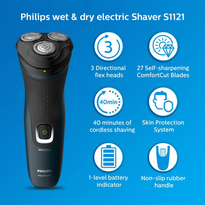 Philips Shaver Series 1000 Wet or Dry Electric Shaver, ComfortCut blades, 3-Directional Flex Heads, One-touch open, 40 Minutes of Cordless Shaving from an 8-Hour Charge – S1121