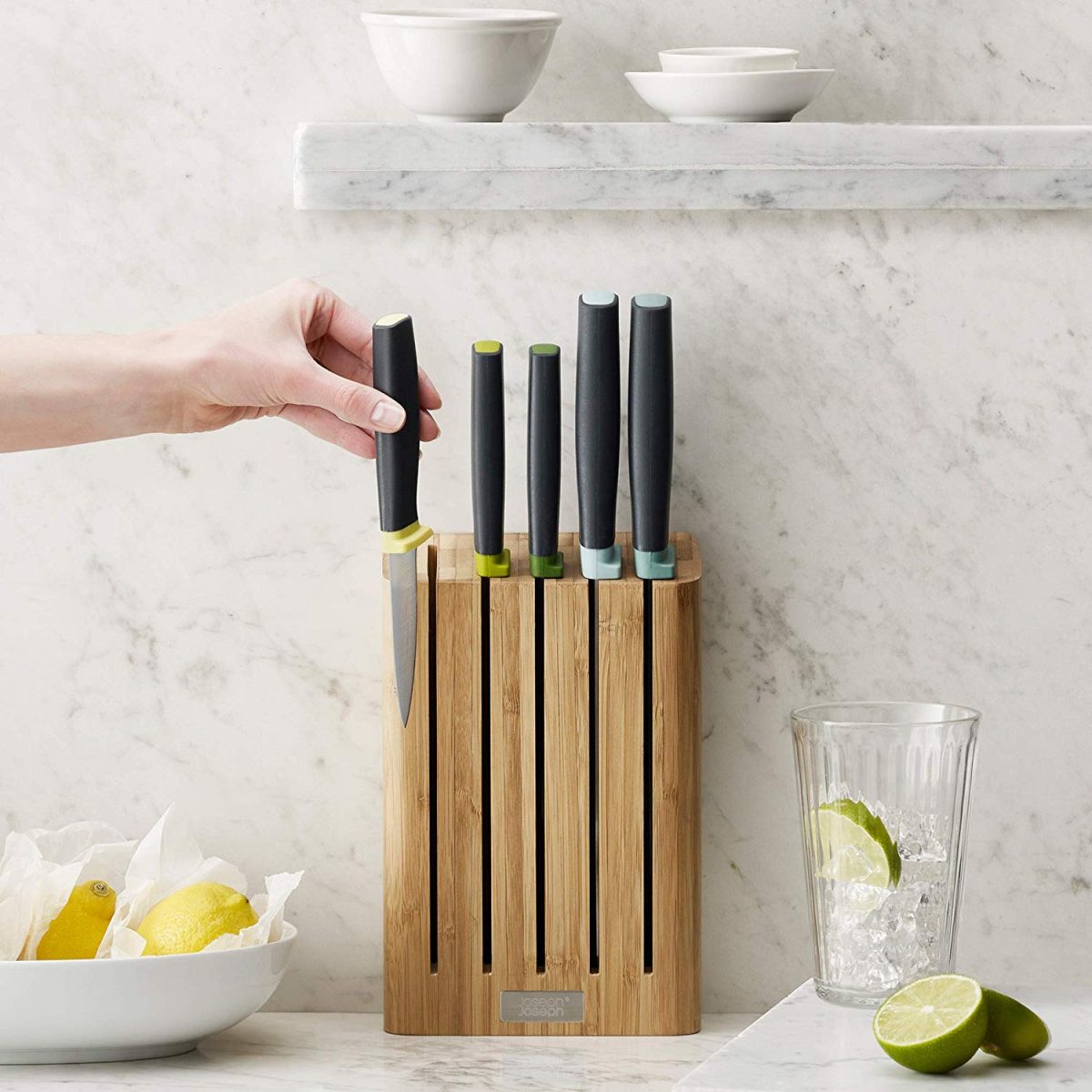 Joseph Joseph Elevate Knife Set with Slimline Bamboo Block Japanese Stainless Steel 5-piece Opal