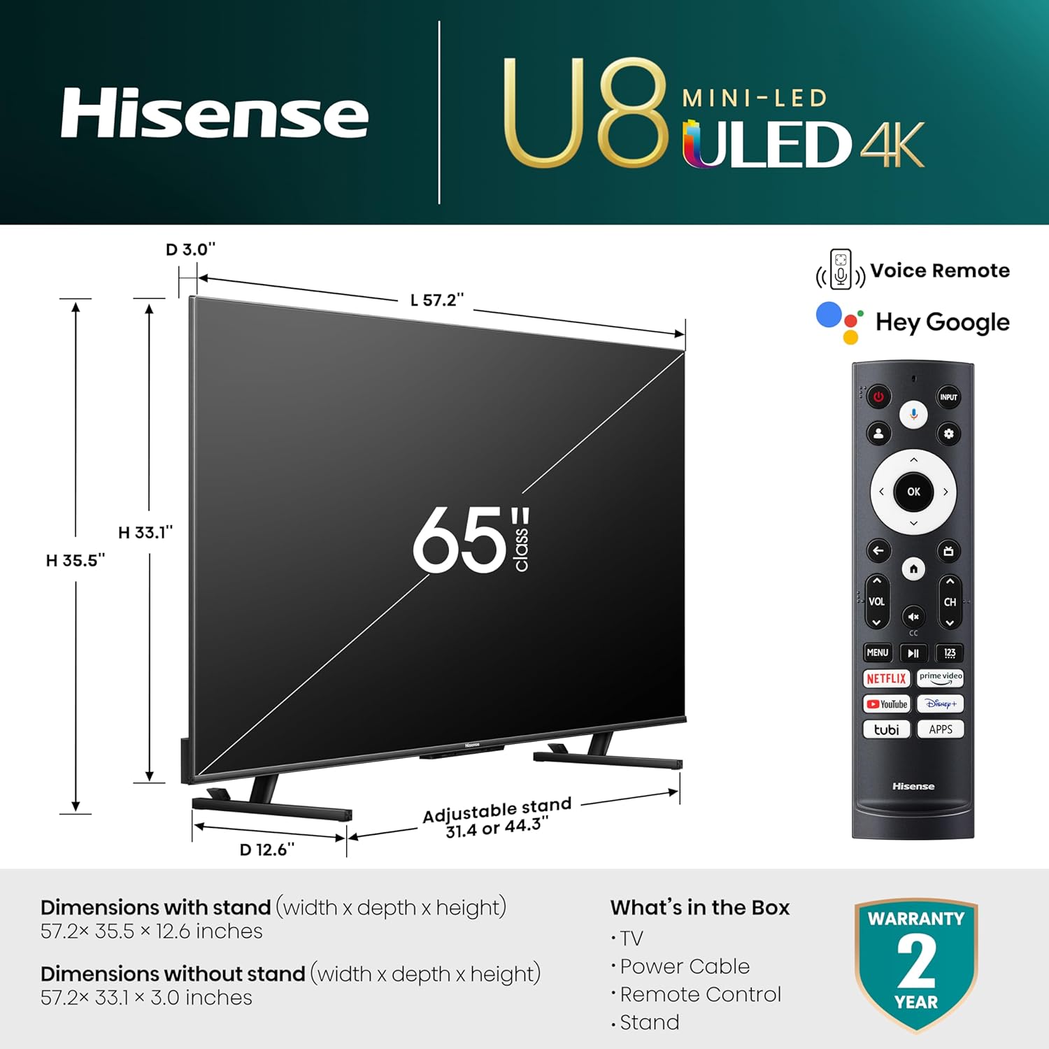 Hisense 65-Inch Class U8 Series Mini-LED ULED 4K UHD Google Smart TV (65U8K)