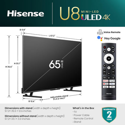 Hisense 65-Inch Class U8 Series Mini-LED ULED 4K UHD Google Smart TV (65U8K)