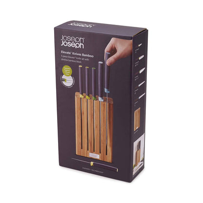 Joseph Joseph Elevate Knife Set with Slimline Bamboo Block Japanese Stainless Steel 5-piece Opal