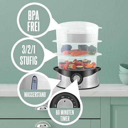 Heinrich's Steam cooker 3-Layer (800 W) 9L Stainless Steel – BPA-Free – HDA 8501