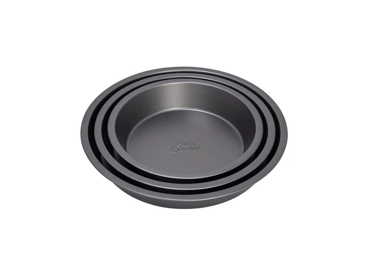 Betty Crocker 0.5 mm Round Baking Pan 3-Pieces Set, 24/28/32 cm x 5 cm Size, Grey