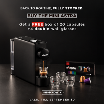 Barista Mini ASTRA - Capsule Machine + Free Box Of 20 Capsules + 4 Double-Wall Glasses.