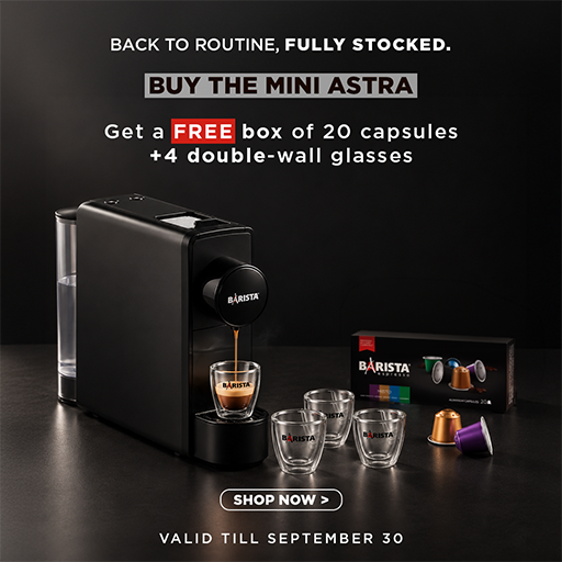 Barista Mini ASTRA - Capsule Machine + Free Box Of 20 Capsules + 4 Double-Wall Glasses.