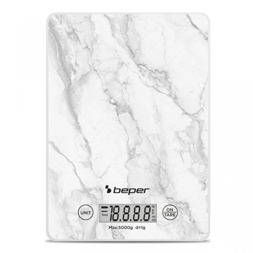 Beper Digital Kitchen Scales Tempered Glass Top Tare Function Lcd Touch Display Accuracy 1G - 5Kg Hanging Battery Included White Marble, P102BIL004