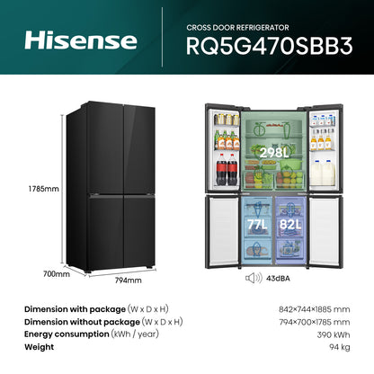 Hisense RQ5G470SBB3 – Cross Door American 457L Freezer Fridge, My Fresh Choice, Dual-Tech Cooling, Bottom Cooling System, Black Glass, 1 Year Full & 5 Years Compressor Warranty