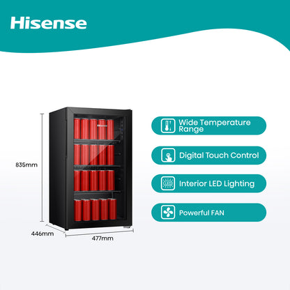 Hisense RBC122N4ASU Beverage Cooler with 69 Cans/113 Bottles,Glass Door,Recessed Handle,Interior Light,Digital Control,Adjustable Shelves