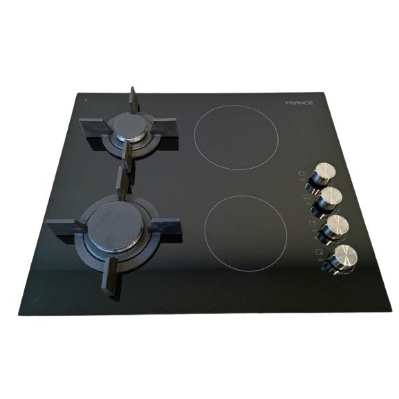 France VD60BNGV Crystal 60cm Built-In Gas and Vitroceramic Hob – 2 Gas Burners, Cast Iron Grates