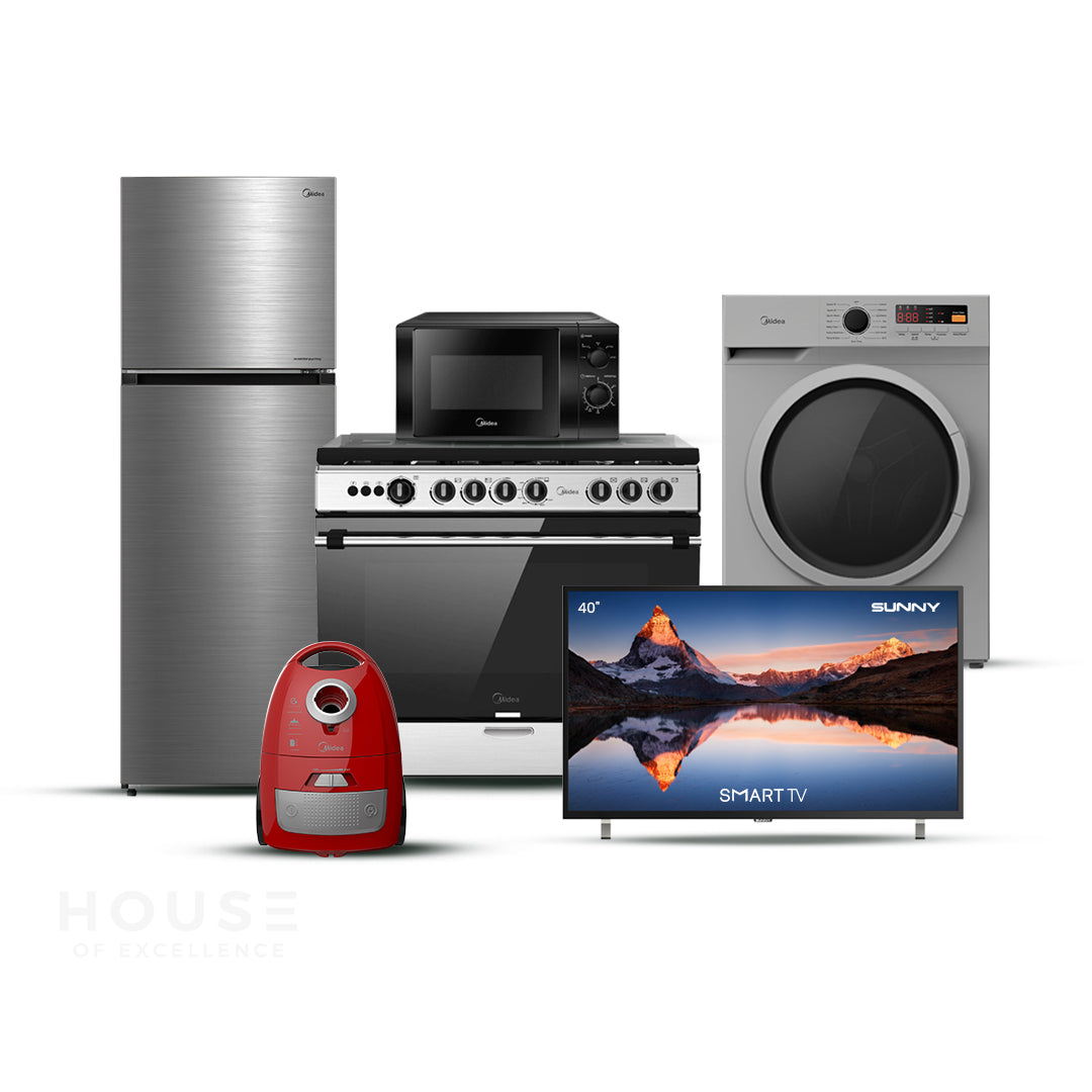 Midea Bundle - Cooker 90cm, Fridge 16ft, Washer 7kg, Microwave, Vacuum & 40" Sunny Smart TV