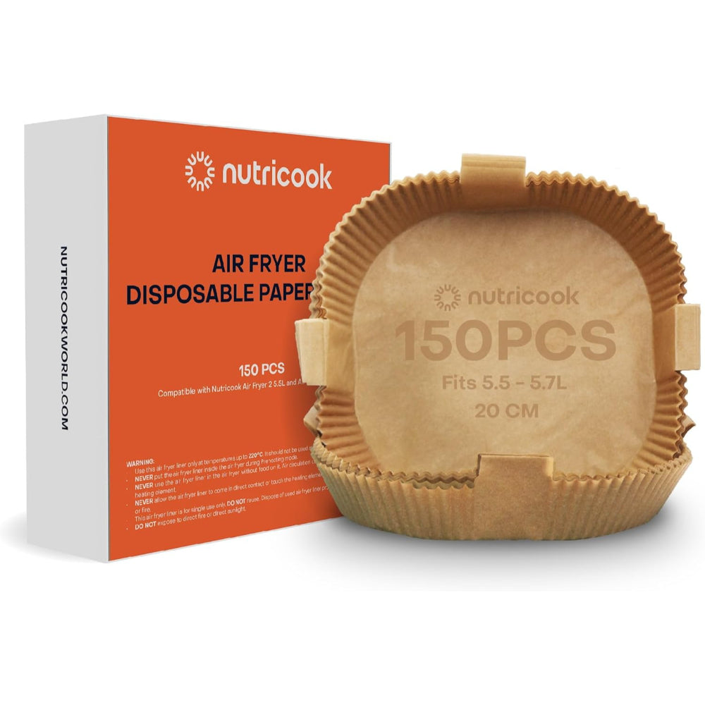 Nutricook 150Pcs Disposable Air Fryer Liner, Water – Oil Proof For Baking, Roasting, And Air Frying Fits Any Brand From 5.5L To 5.7L Air Fryers, 20cm Square, NCK-AFL150