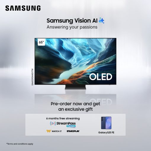 Samsung QA65S90HAEXTW 65″ OLED S90H 4K Samsung Vision AI Smart TV (2026) + Free Samsung S25 FE + 6 Months StarzPlay Subscription+ 6 Months WatchIt Subscription. – PREORDER