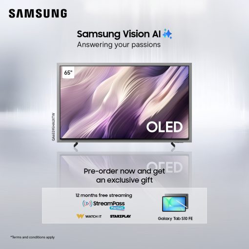 Samsung QA65S95HAUXTW 65″ OLED S95H 4K Samsung Vision AI Smart TV (2026) + Free Samsung Tab S10FE 8/256 + 12 Months StarzPlay Subscription+ 12 Months WatchIt Subscription. – PREORDER