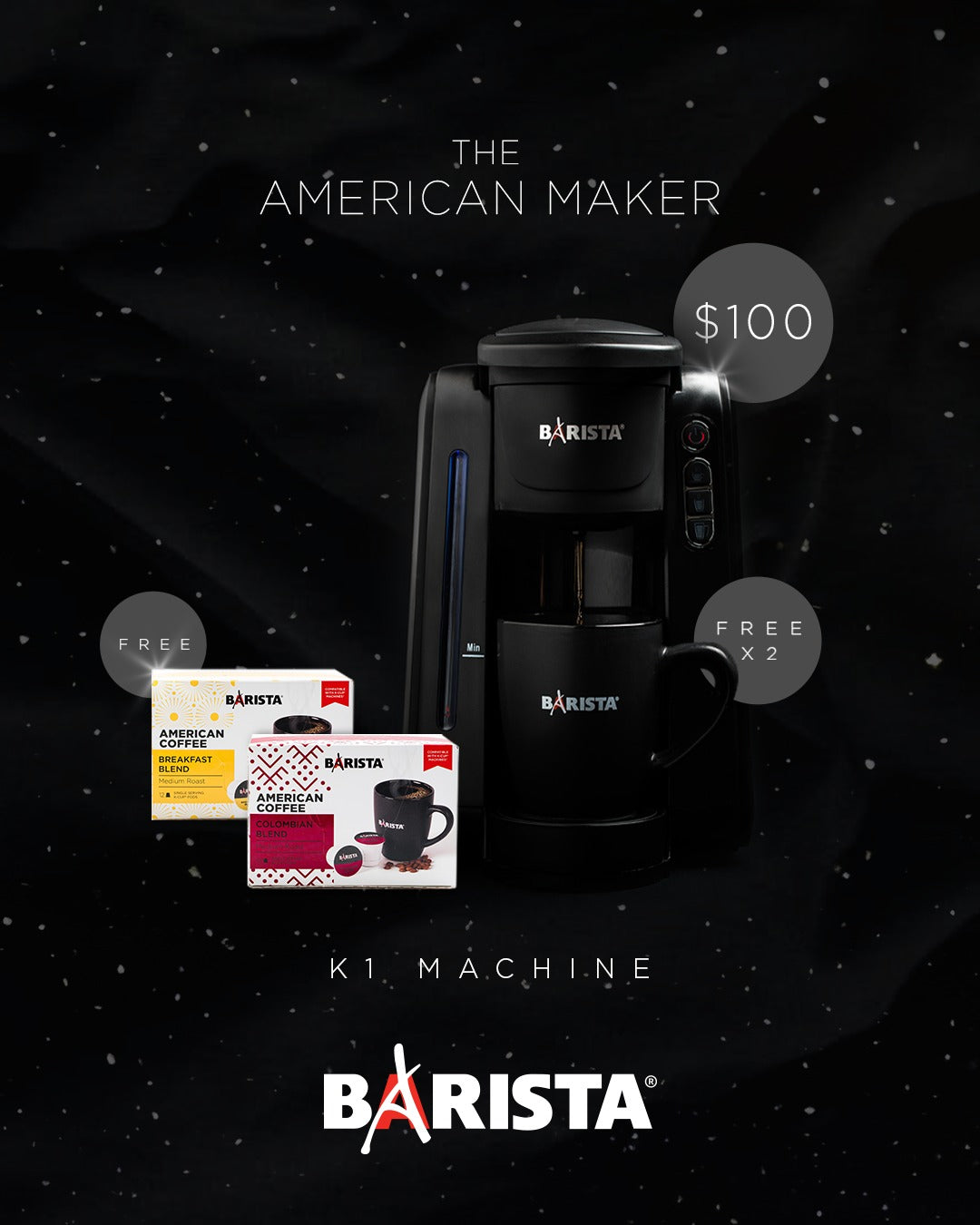 Barista K1 American Machine plus one box of Colombian K-cup capsules, one box of Breakfast  K-cup capsules and 2 Mugs Barista black