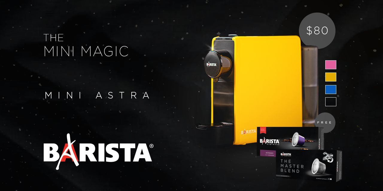 Barista Mini ASTRA - Capsule Machine plus one box of 20 Master Capsules and one box of 20 intenso Capsules.