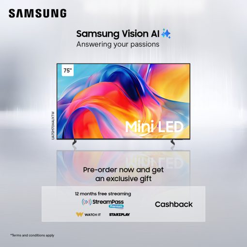 Samsung UA75M70HAUXTW 75″ Mini LED M70H 4K Samsung Vision AI Smart TV (2026) + 12 Months StarzPlay Subscription+ 12 Months WatchIt Subscription. – PREORDER