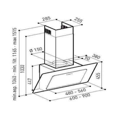 Flora FLWH13-V800-90B Cooker Hood Inclined Stainless Steel with Blackglass fontal.