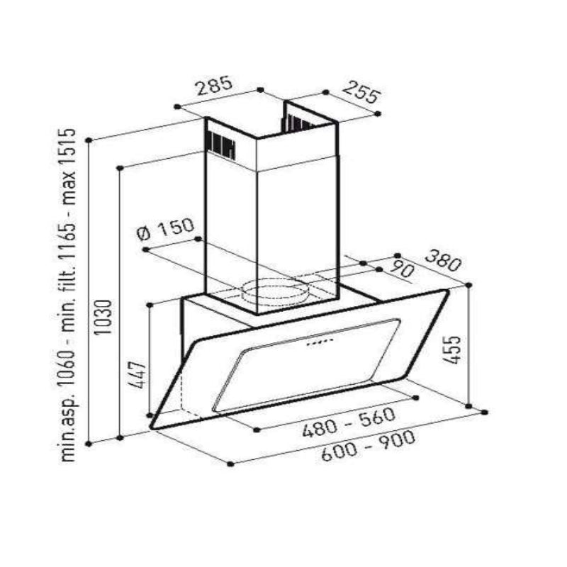 Flora FLWH13-V800-90B Cooker Hood Inclined Stainless Steel with Blackglass fontal.
