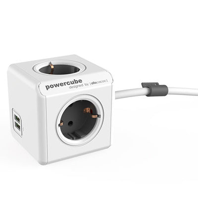 Allocacoc 1402GY/DEEUPC PowerCube Extended, power distribution unit with USB ports, 4 sockets, 1.5m, white/grey - Buy 1 Get 1 FREE