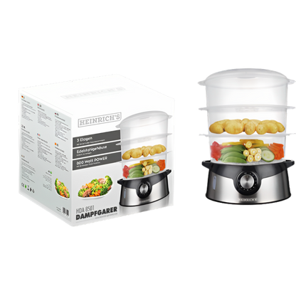 Heinrich's Steam cooker 3-Layer (800 W) 9L Stainless Steel – BPA-Free – HDA 8501