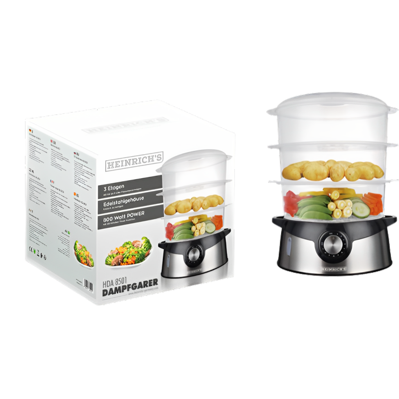 Heinrich's Steam cooker 3-Layer (800 W) 9L Stainless Steel – BPA-Free – HDA 8501