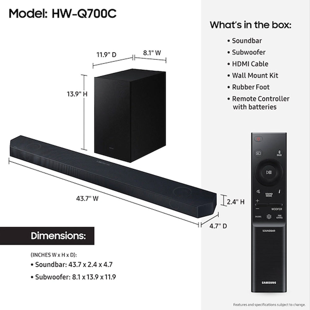 Samsung Q-series 3.1.2 ch. Wireless Dolby ATMOS Soundbar w/ Q-Symphony / HW-Q700C (2023)