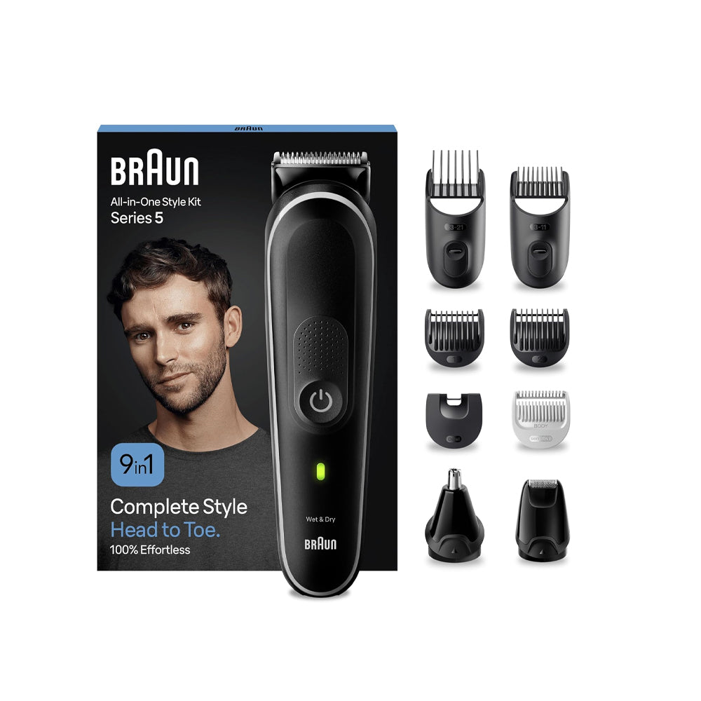 Braun All-in-One Style Kit Series 5 MGK5410, 9-in-1 Everyday Grooming Kit for Men, for Beard Trimming, Hair Clipping, Ear, Nose & More, with Ultra-Sharp Blade, Pouch, Waterproof