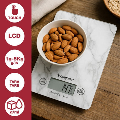 Beper Digital Kitchen Scales Tempered Glass Top Tare Function Lcd Touch Display Accuracy 1G - 5Kg Hanging Battery Included White Marble, P102BIL004
